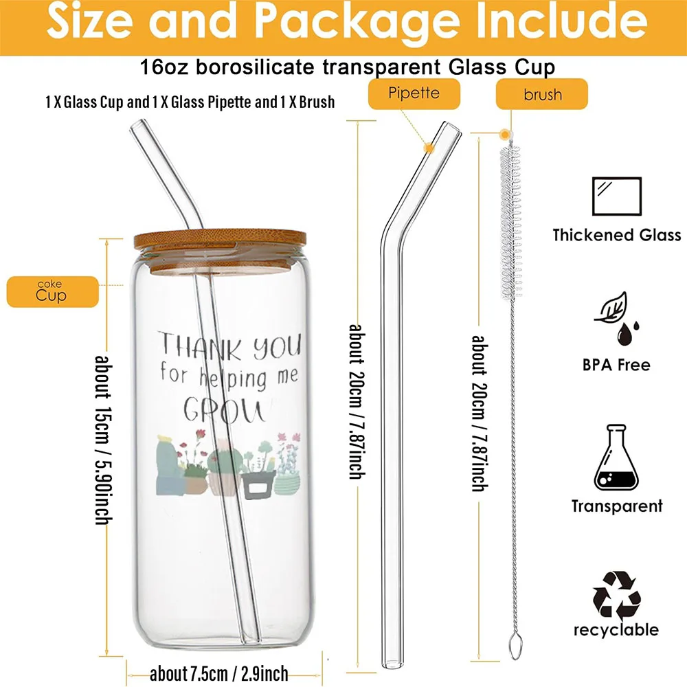Thank You For Helping Me Grow Teacher Gifts Glass For Heat Resistant High Drinking Cup With Straws Lids 16 oz