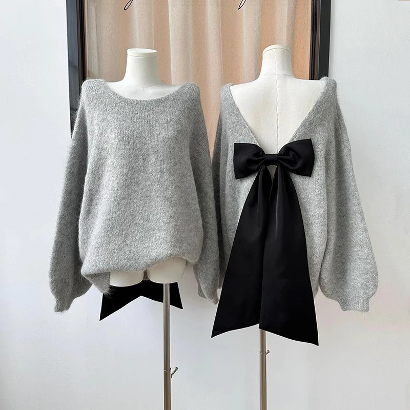 Oversized Knitted Sweater Women Bow Backless Autumn Winter O Neck Sexy Fashion Pullover Female Sweet Jumper Casual Chic Top