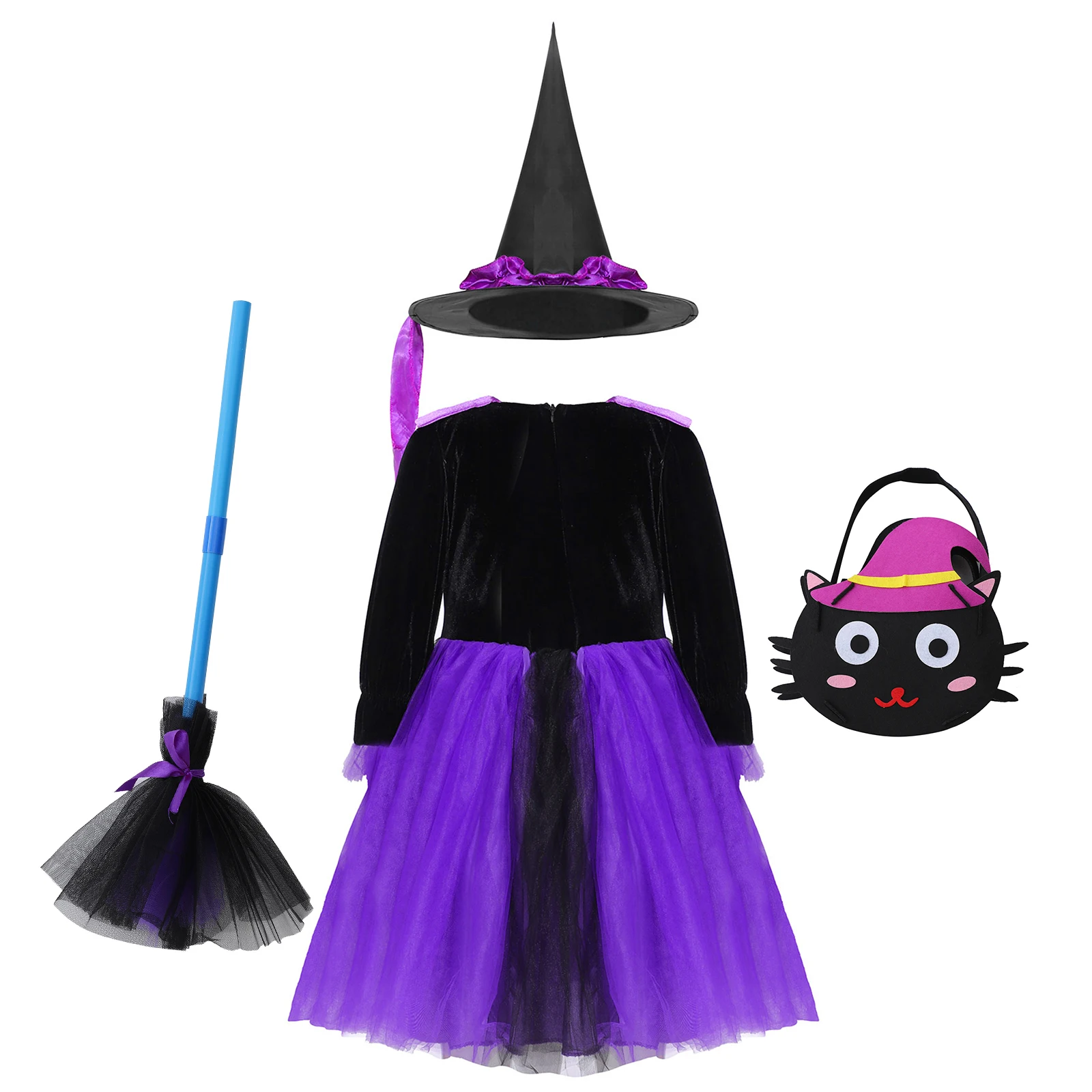 Kids Girls Halloween Witch Cosplay Costume LED Light Up Dress with Witch Hat Broom Magic Bag for Theme Party Role Play Dress Up