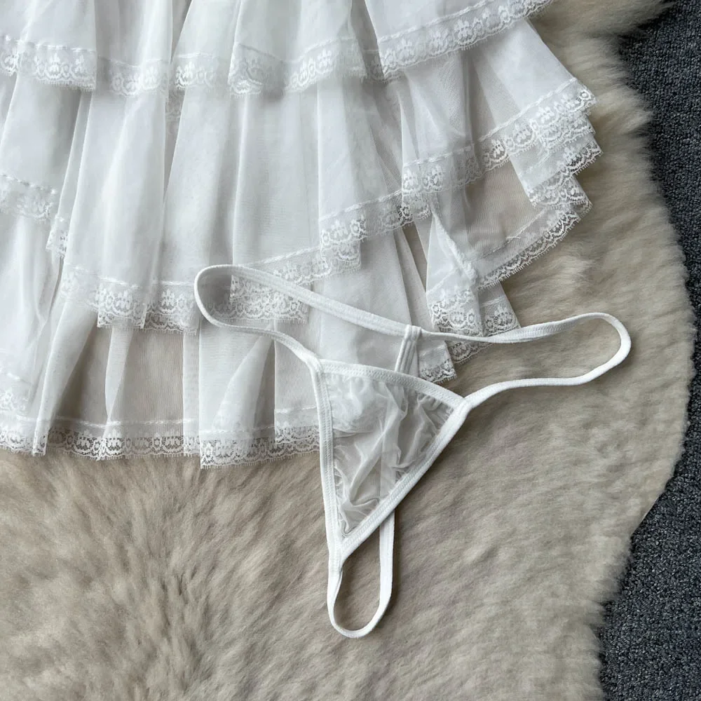 2025 الكشكشة الحلو كعكة فستان شفاف المرأة حزام الدانتيل يصل عارية الذراعين شبكة فستان النوم مثير سيور المثيرة الاباحية ملابس النوم #6