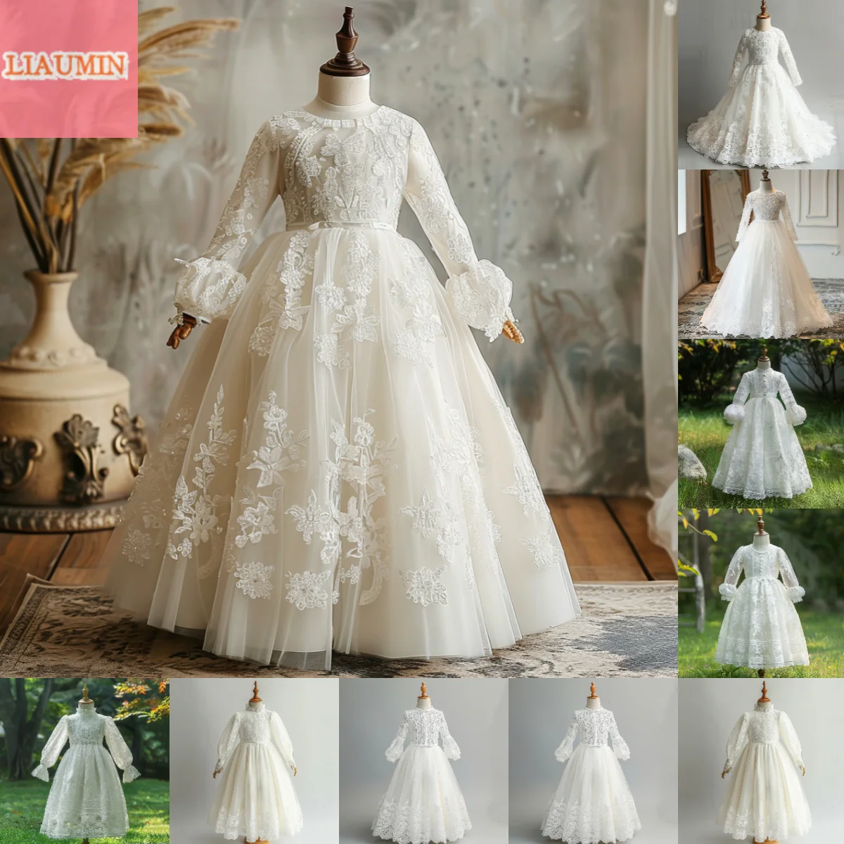 

White Puffy Sleeve Floor Length Lace Applique Flower Girl Dresses Brithday Party Princess First Communion Pageant Skirt W8-44