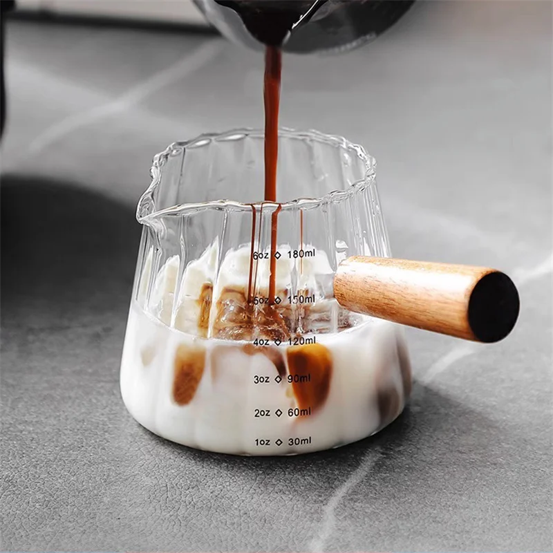 180ML Coffee Extraction Cup Glass Wood Handle Glass Espresso Measuring Cup High Temperature Resistance Espresso Oz Cup Milk Jug