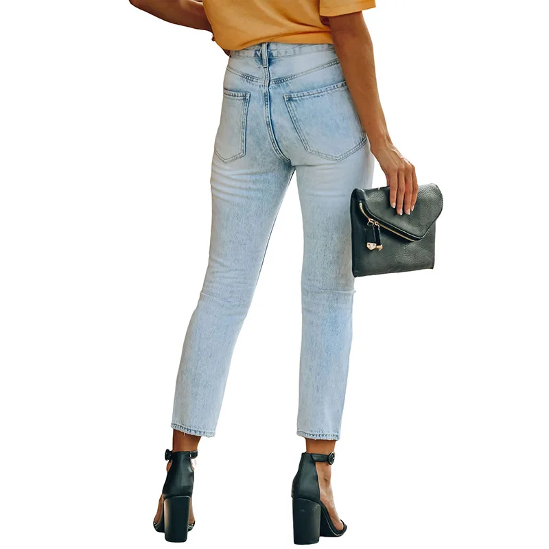 2023 New Women's Spring and Summer Stretch Wash Ripped Straight Street Style Denim Trousers Casual Office All-match Jeans Lady