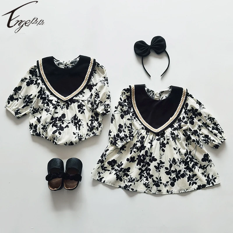 

Children Girls Floral Dress Infant Baby Girls Sister Clothes Girls Long Sleeves Rompers Printing Spring Autumn Costume