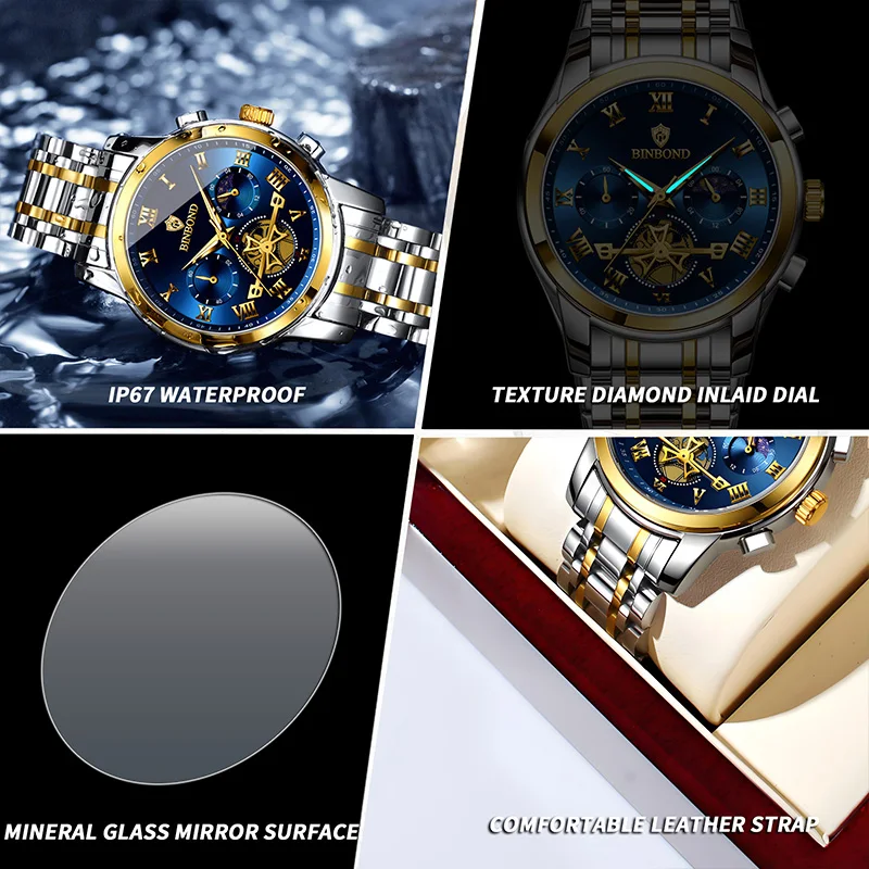 BINBOND B780 Top Brand Mens Quartz Luxury  Stainless Steel Luminescence Clock Casual Chic Waterproof Outdoor Sport Watch