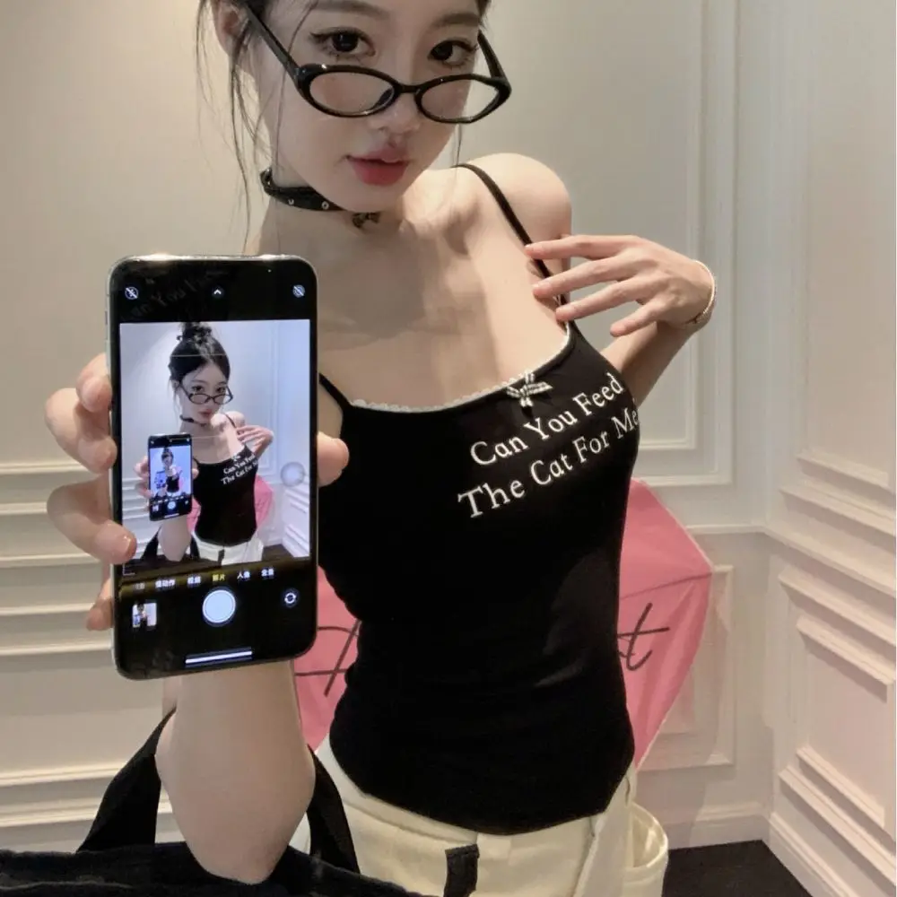 New Lace Alphabet Print Suspenders Sleeveless Streetwear Small Lace Base Vest Patchwork Cami Shirts Women