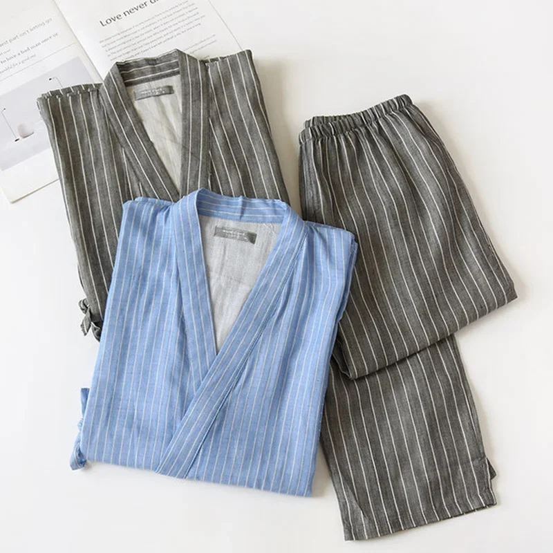 Pure Cotton Japanese Kimono Traditional Summer Autumn Pajamas Set Yukata Women Men Causal Long Sleeve Home Clothes Kimono Suit