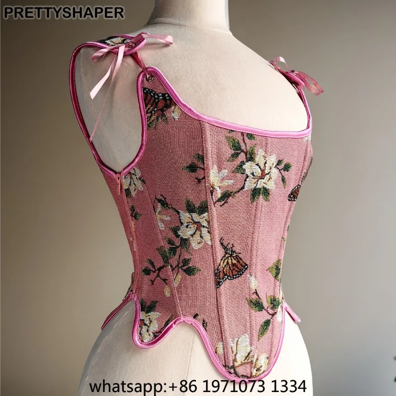 Women Pink Corset Bustier Overbust Slimm Waist Tummy Control Vintage Bodice Lace Up Boned Shaping Tops Push Up Breast Costume