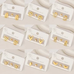 3Pcs Multiple Small Animal Earrings for Women Black Stainless Steel Butterfly Bat Stud Earrings Cute Dog Paw Ear Piercing Gifts