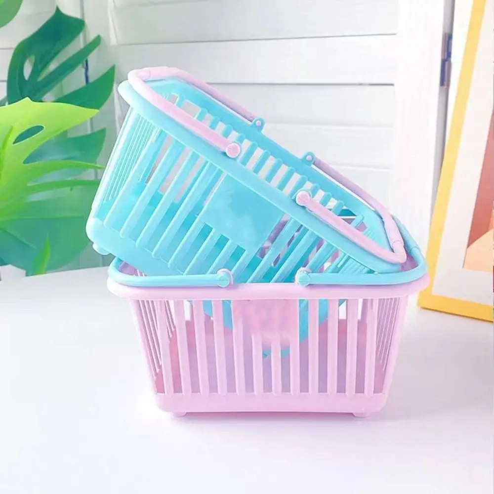 Round Macaron Plastic Storage Basket Folding Handle Reusable Cartoon Cute Little Basket with Handle Square