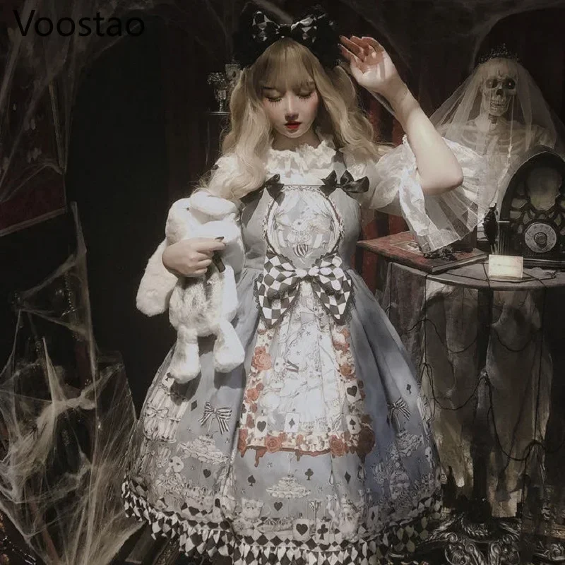 Japońska gotycka sukienka lolita dziewczyny vintage ciemne pogrzebienie Lolita JSK sukienka kobiety Harajuku fajne bez rękawów punkowe sukienki na szelkach M