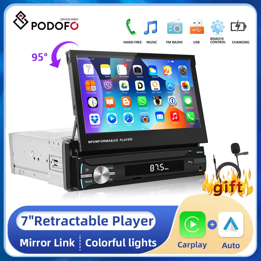 

Podofo Universal 7" Retractable Screen 1din Car Radio AndroidAuto Carplay Multimedia Video Player Support TF/USB Rear Camera