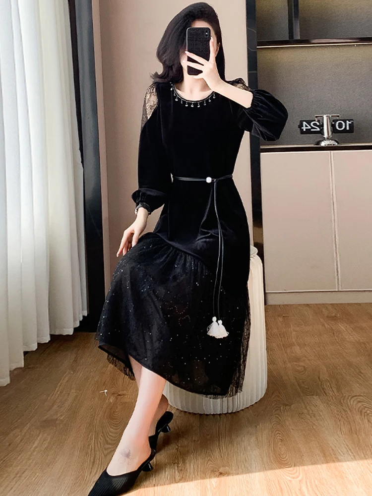 NYFS 2025 ربيع الخريف جديد كوريا المخملية فستان امرأة Vestidos رداء Elbise شبكة المرقعة فضفاض حجم كبير فساتين طويلة