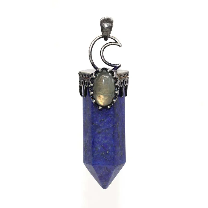 พลอยสีม่วงธรรมชาติโรสควอตซ์คริสตัล lapis Lazuli labradorite รูปหกเหลี่ยมดวงจันทร์หินโมราสีดำตาเสือเครื่องประดับ liontin Batu สำหรับผู้หญิง