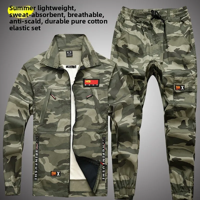 

Summer Work Uniform Set for Men Pure Cotton Thin Wear Resistant Labor Protection Clothes Automotive Repair Welding A...