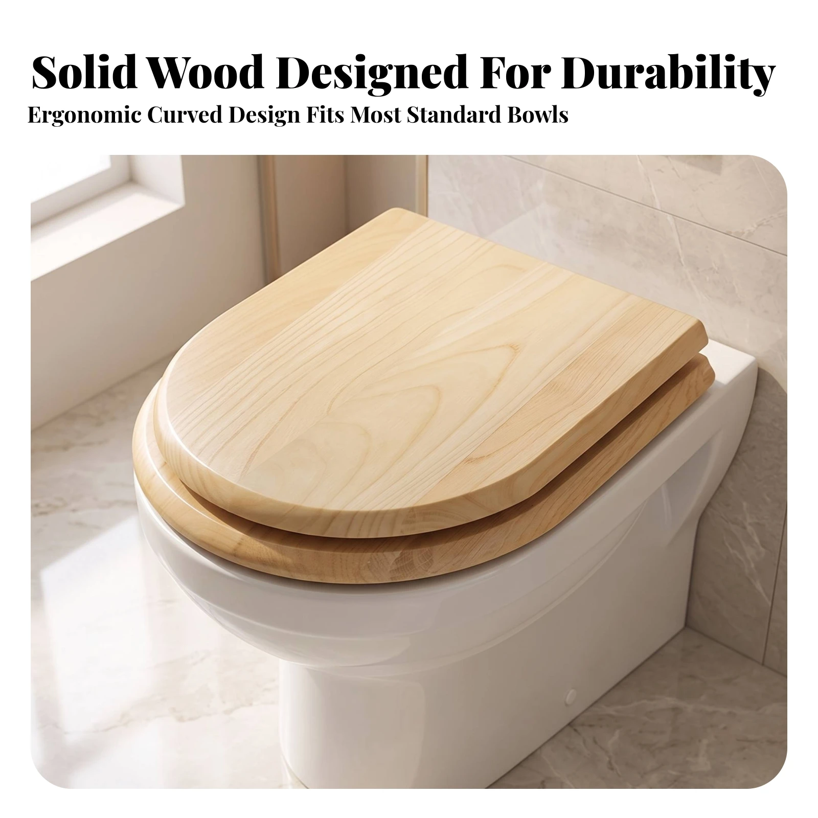 U-Shaped Toilet Seat Solid Wood Bottom-Mount Toilet Seat Natural Grain Long-Lasting for Homeowners, Bathroom Renovation