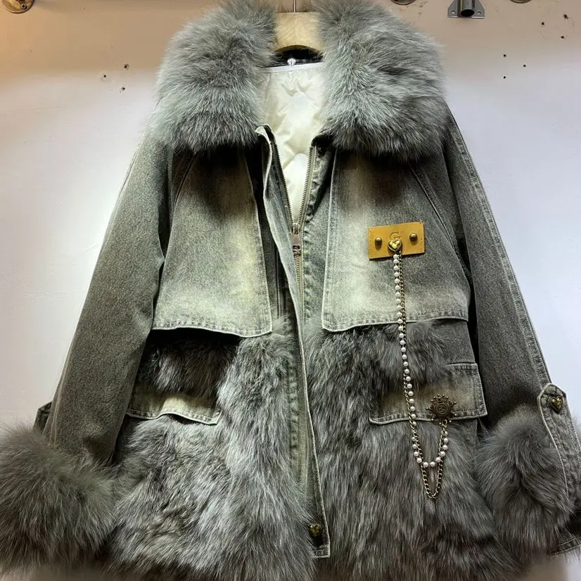 2023 Winter Fox Fur Denim Parka Fur Coat Women Fashion Chain Down Parka Female Thick Warm Genuine Fur Jacket Outerwear Y3287