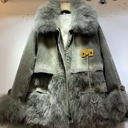 2023 inverno pelliccia di volpe Denim Parka cappotto di pelliccia donna moda catena giù Parka femminile spessa calda giacca di pelliccia genuina capispalla Y3287