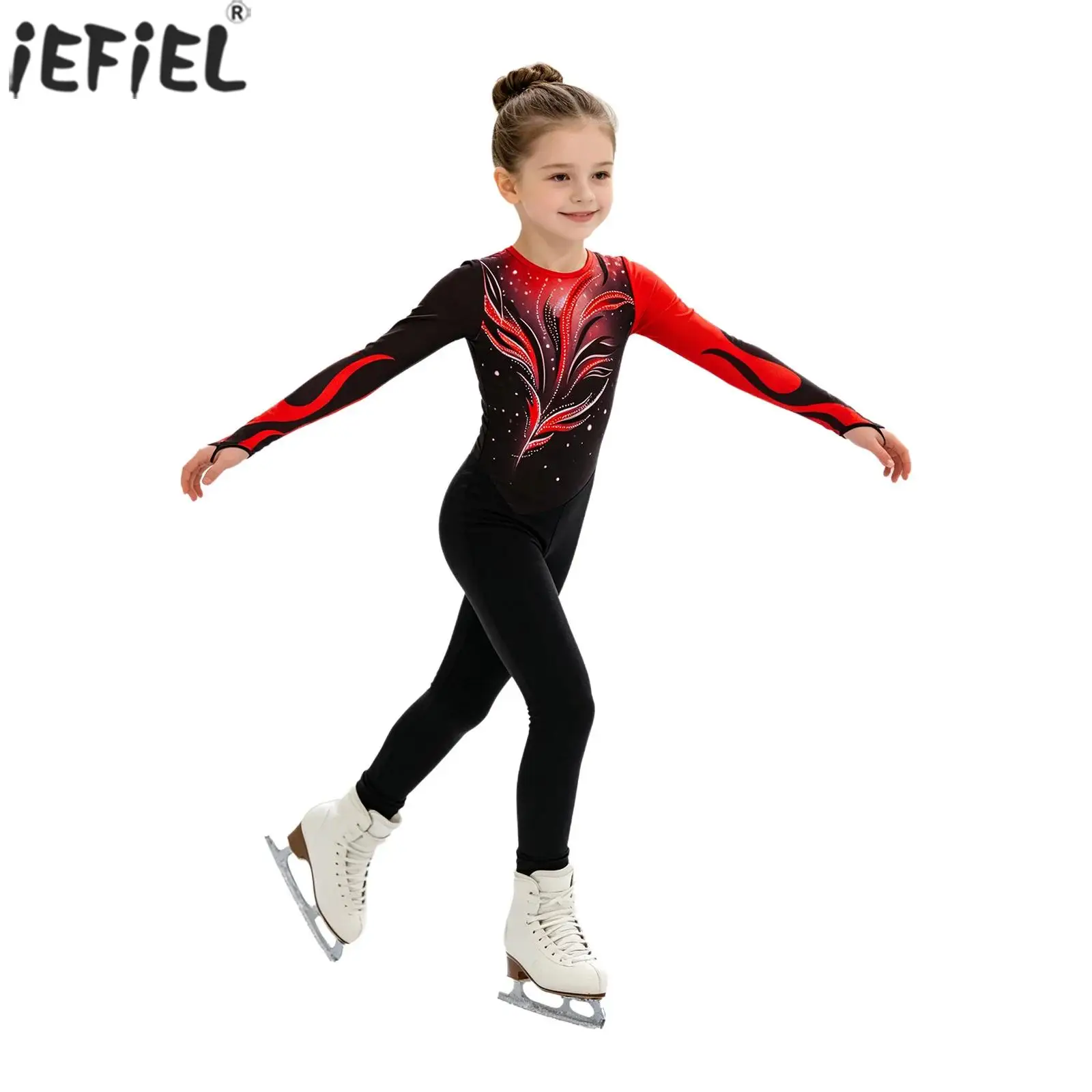 Kid Girls Rhythmic Gymnastics Leotard Contrast Color Printed Long Sleeves Full Body Unitard Ballet Dance Figure Skating Jumpsuit