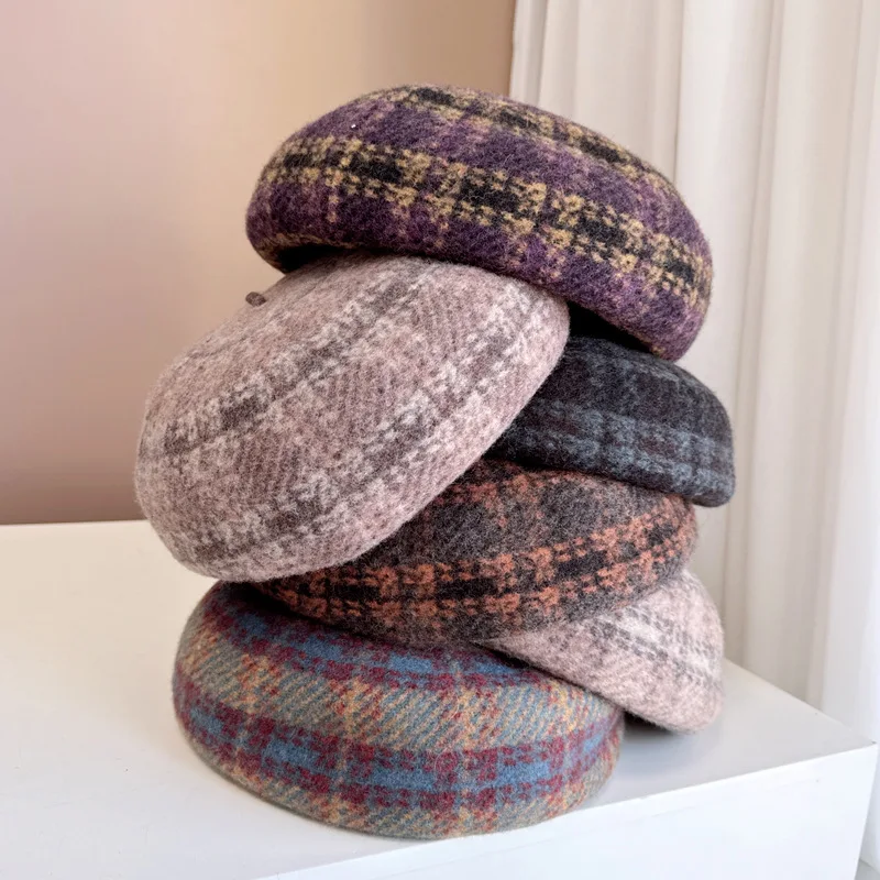 Women's Fashion Plaid Beret Everything Knitted Wool Hat Travel Shopping Painter Hat Street Newspaper Boy Hat Adjustable Octagon