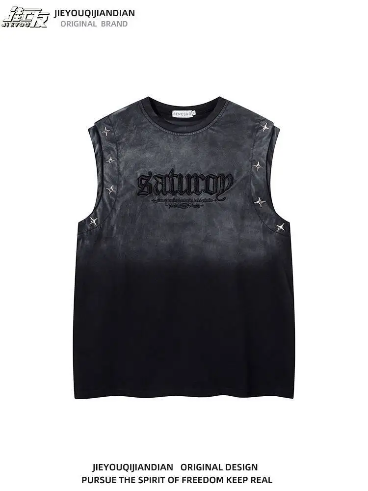 

Vintage Gradient Studded Vest for Unisex Hiphop Style Letter Embroidery Loose Cotton Casual Sleeveless Top
