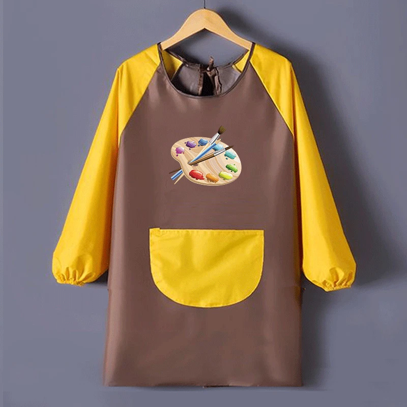 Children Waterproof Apron for Kid School Art Craft Painting Color Palette Printed Baby Feeding Eat Long Sleeve Smock DIY Drawing