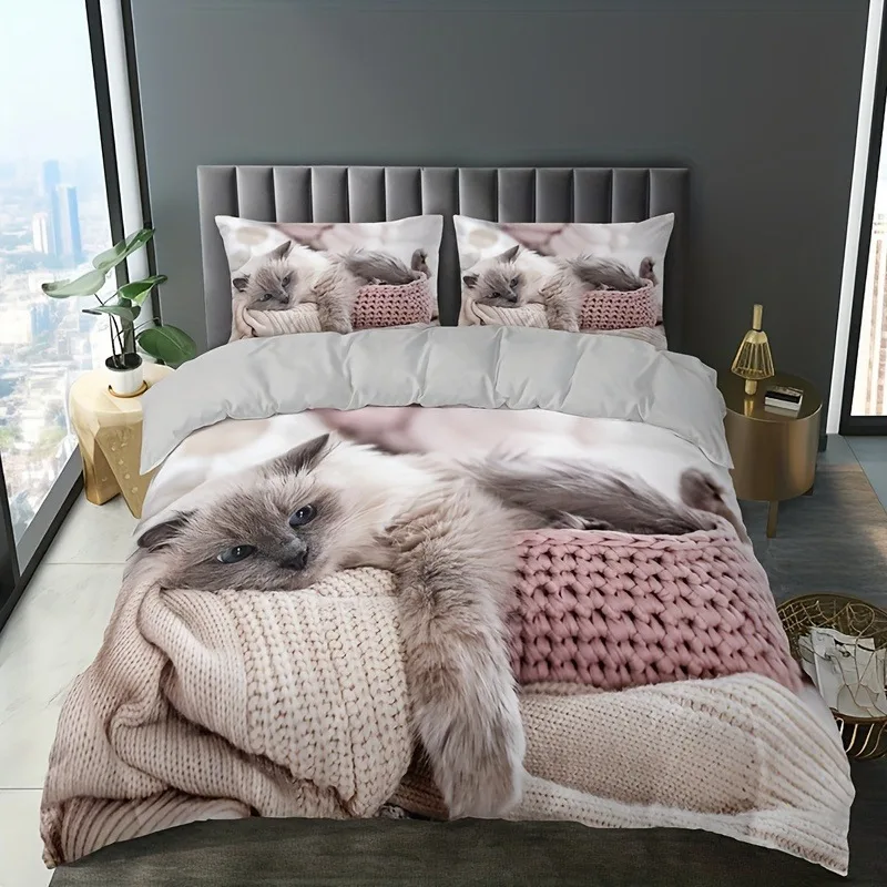 Cat Digital Printed Duvet Cover Set 3Pcs All Season Bedding Set Pillowcases Soft Bed Cover for Kids Adults Modern Bed Linen Set