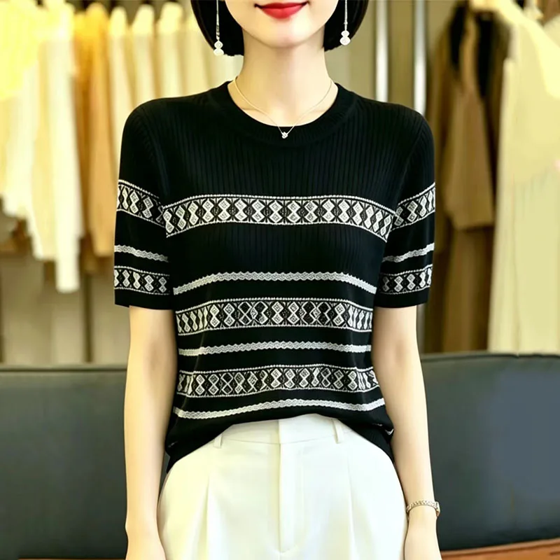 

2026 Fashion O-neck Women's Sweater Ice Silk Spring/Summer Sweater Loose Casual Korean Short sleeved Top