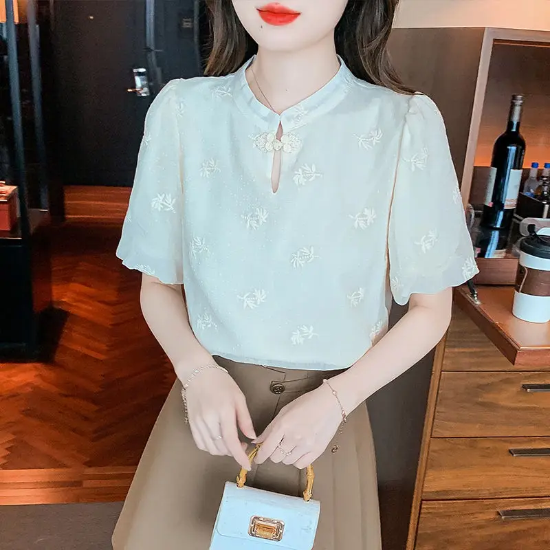 Sweet Chinese Style Summer Solid women's Stand Collar manica a sbuffo Mbroidered Frog Fashion elegante camicie larghe a maniche corte top