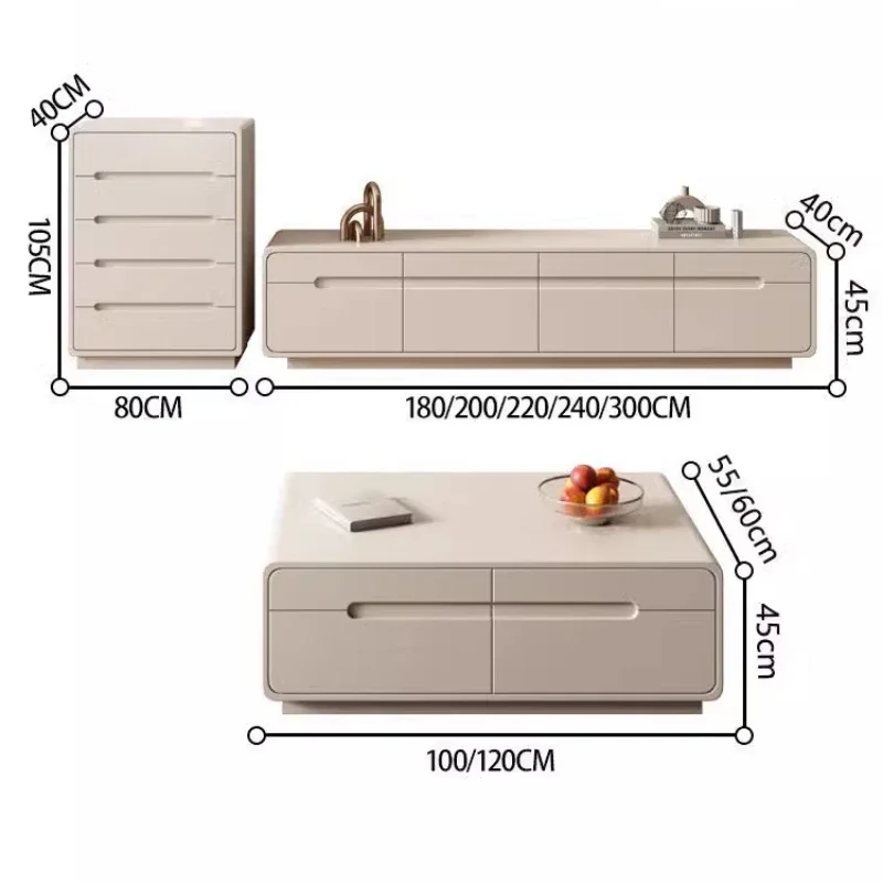 Modern TV Luxury Cabinet Floor Coffee Table Combination Simple Solid Wood Small Apartment Living Room Rock Slab Cream Wind