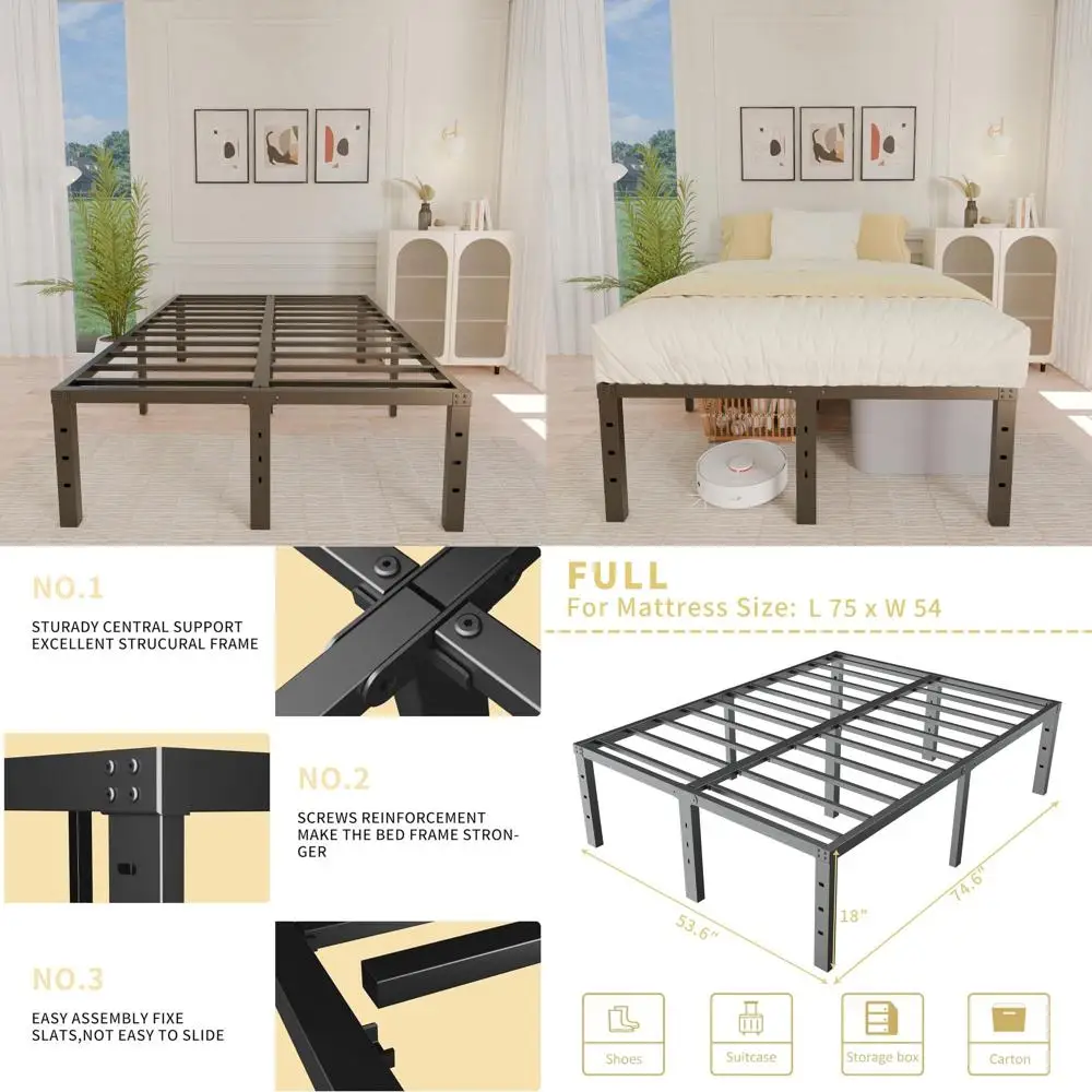 18 Metal Platform Bed Frame - Black, Heavy Duty Steel Slats, Easy Assembly, No Box Spring Needed