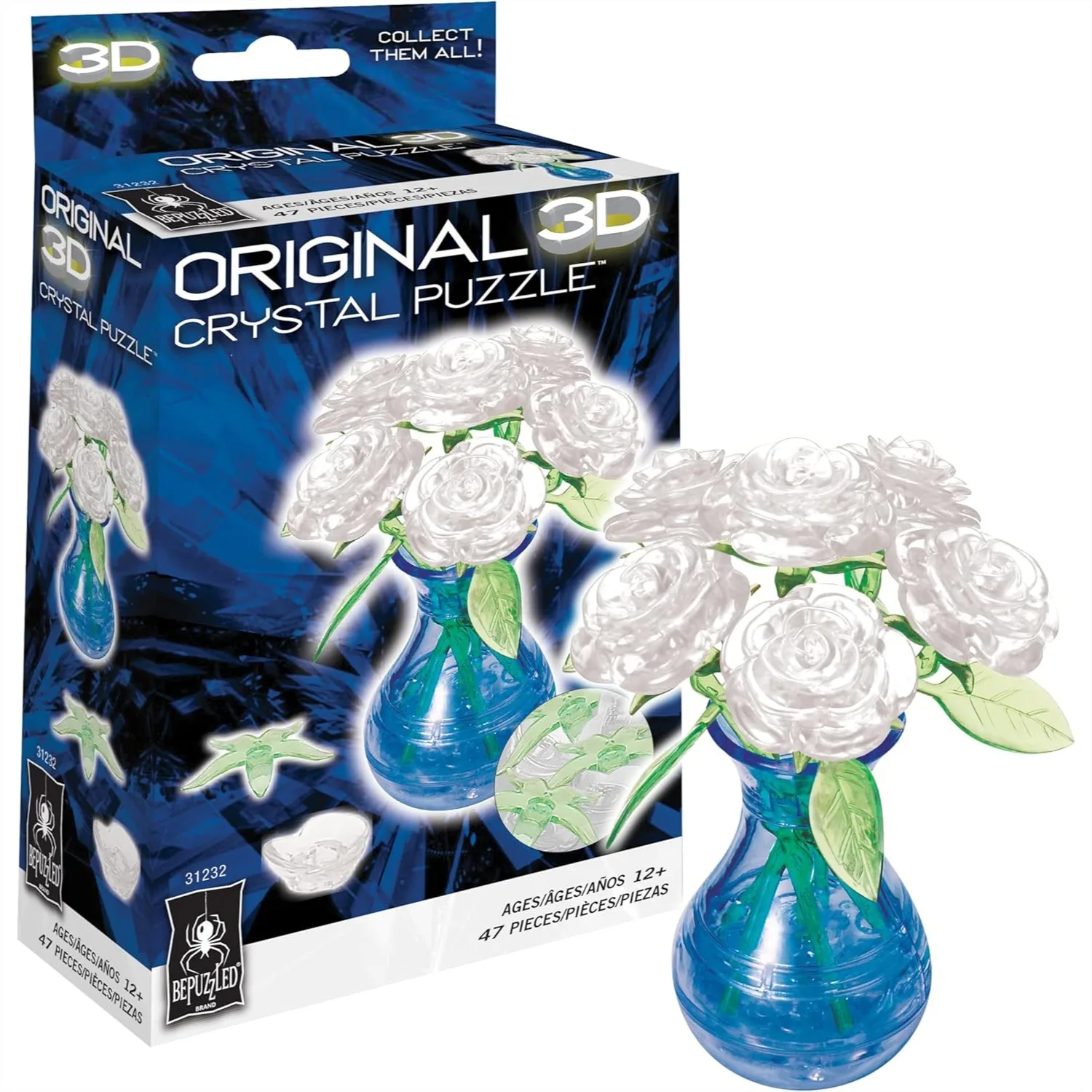 

3D Crystal Puzzle Roses in Vase White, Challenging 3D Jigsaw for Ages 12+, Beautiful Display Collectible