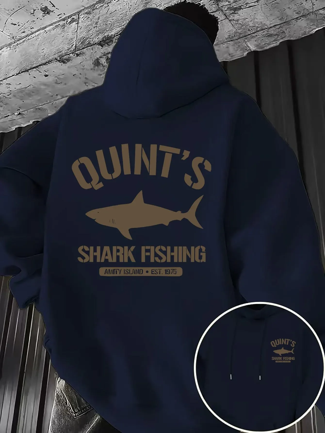 Men Women Outdoor Fishing Pullover Hoodie Vintage Letter Shark Silhouette Poster Style Chest & Back Print Loose Fit Hooded