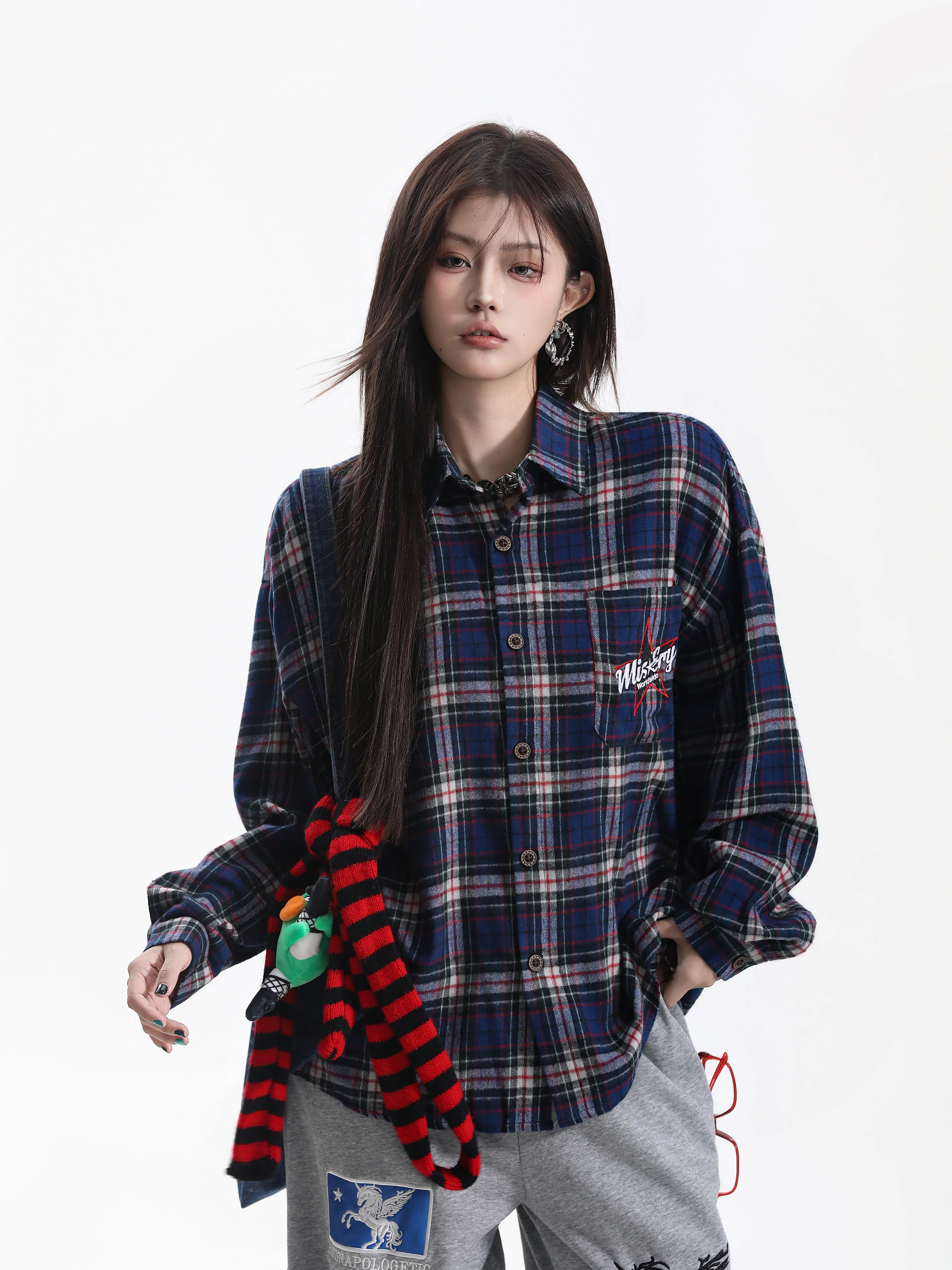 Retro American College Style Embroidered Letter Loose Long Sleeve Couple Shirts Casual Cotton Men's Women's Loose Fit Shirt