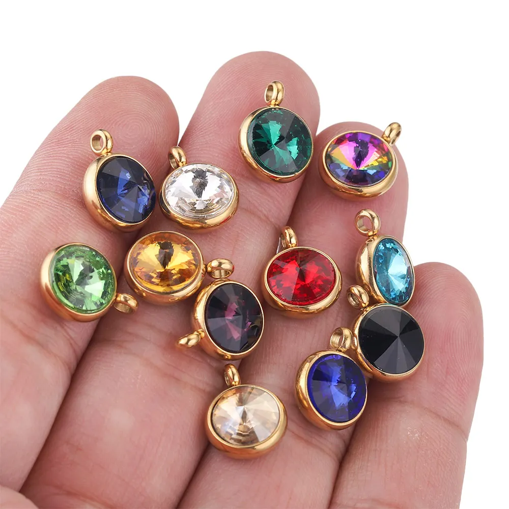 10pcs 10mm Stainless Steel Rhinestone Beads Gold Color Crystal Charms Pendants for Necklace Bracelet Jewelry Making Charm DIY