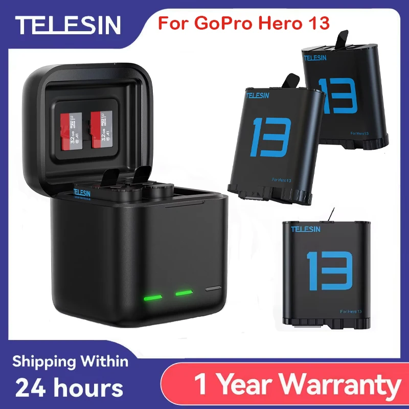 TELESIN 1900mAh Battery For GoPro Hero 13 Action Camera With Fast Charger Box TF Card Storage Lithium-ion Replacement Battery