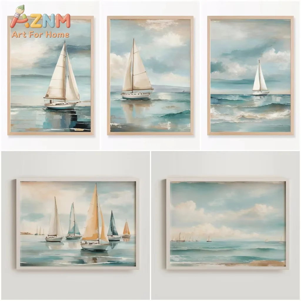 AZNM Retro Watercolor Ocean Wall Art Poster Nautical Sailboat Oil Painting Prints on Canvas Living Room Home Decor Gift Idea