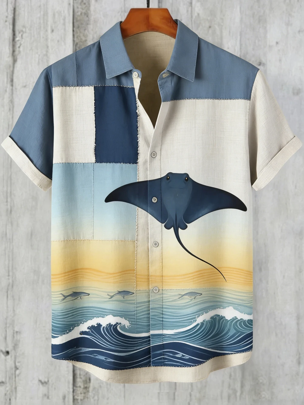 Men's Summer New Linen short-sleeved Shirt Blue Ocean Fun 3D Printed Shirt Outdoor Leisure Fishing Shirt men's Fast Delivery
