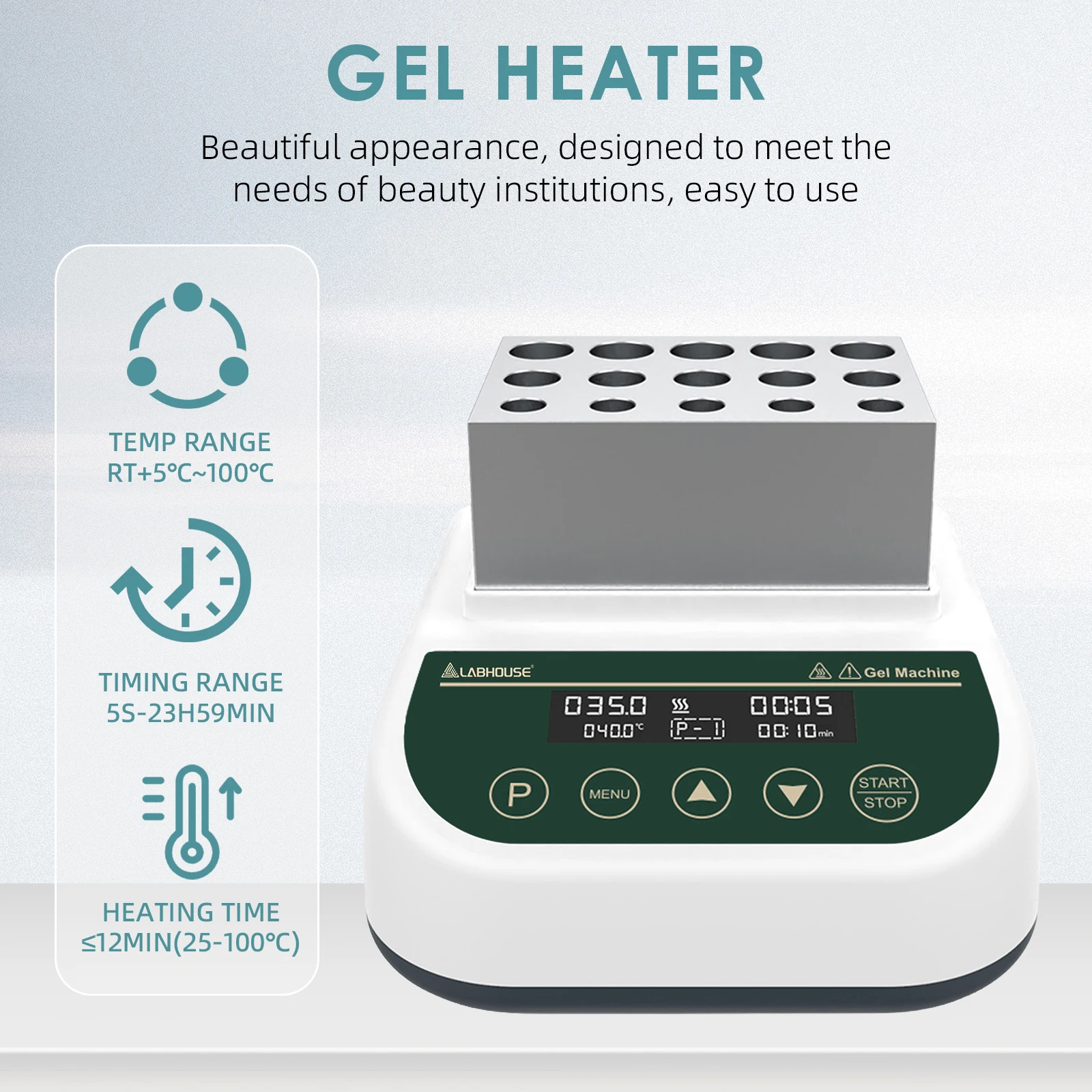 LABHOUSE DB100-G Plasma Gel Heating Machine, RT+5°C–100°C, 5×2.5/5/10mL Block Plasma Gel Heater, 9 Program Memory, Temperature Control, ±0.5°C, Timer 5s–23h59min, for PRP/PPP