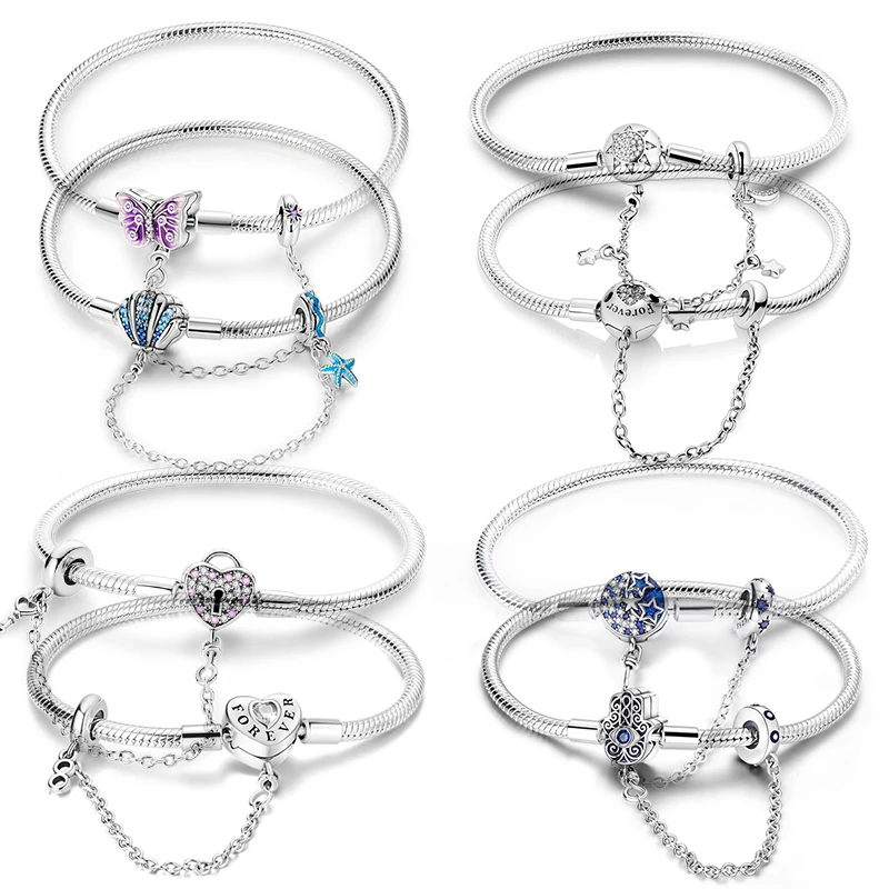 

Браслет из стерлингового серебра 925 пробы, оригинальный, 17-20 см, с защитной цепочкой, в виде змеи, горячая новинка, совместим с бусинами DIY, изысканные ювелирные украшения, подарок