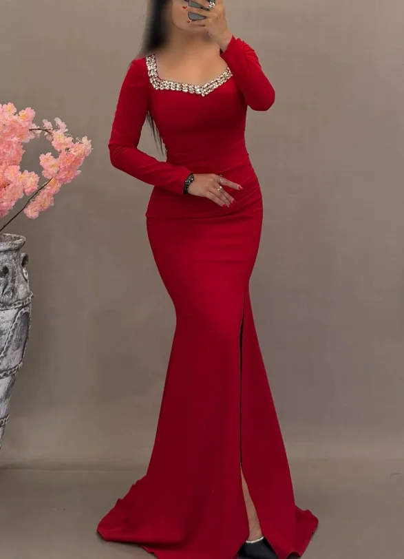 Customized V-neck Mermaid Long Dresses Floor Length Full Sleeves Beaded Платье Корейский Стиль Kate Middleton Dress فساتين Prom view 3