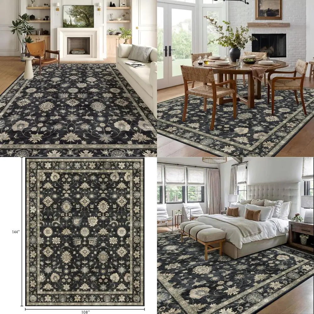 

Large 9x12 Washable Charcoal Black Bohemian Area Rugs for Living Room - Soft, Vintage, Ultra-Thin, Traditional Floral Design