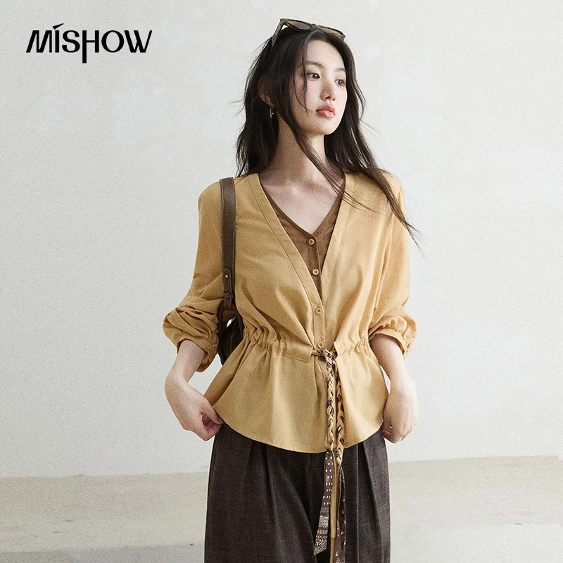 MISHOW Fake‑Two‑Piece Shirt 2026 Autumn 100%Lyocell V‑Neck Shirt Waist Drawstring Belted Elegant Versatile Casual Top MXF43C2548