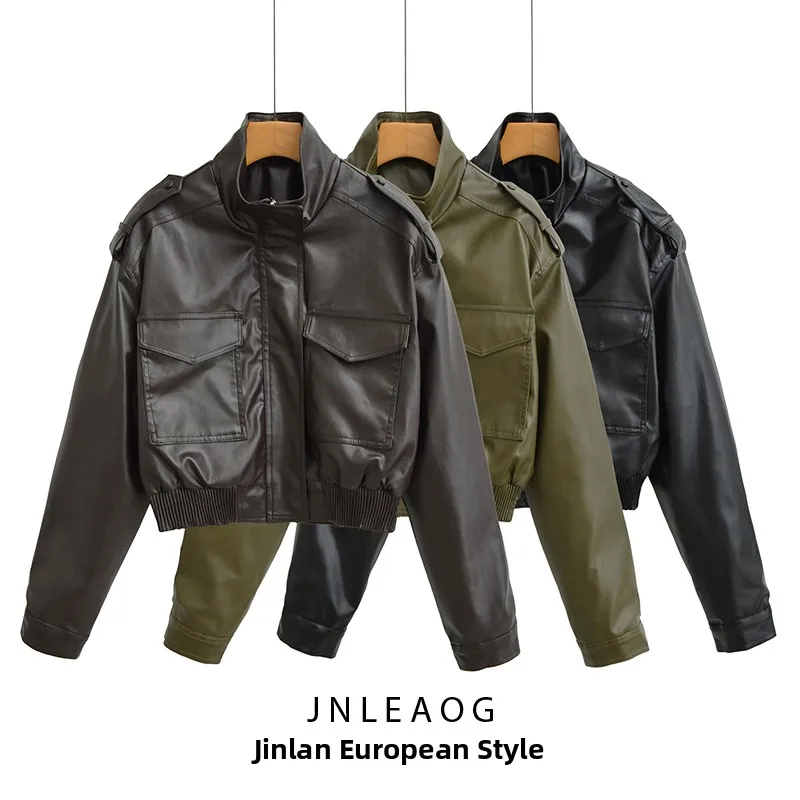 

JNLEAOG Faionable ort Leather Effect Outerwear for Women Autumn New Sle Versatile Design Pure Color Polyester Jaet