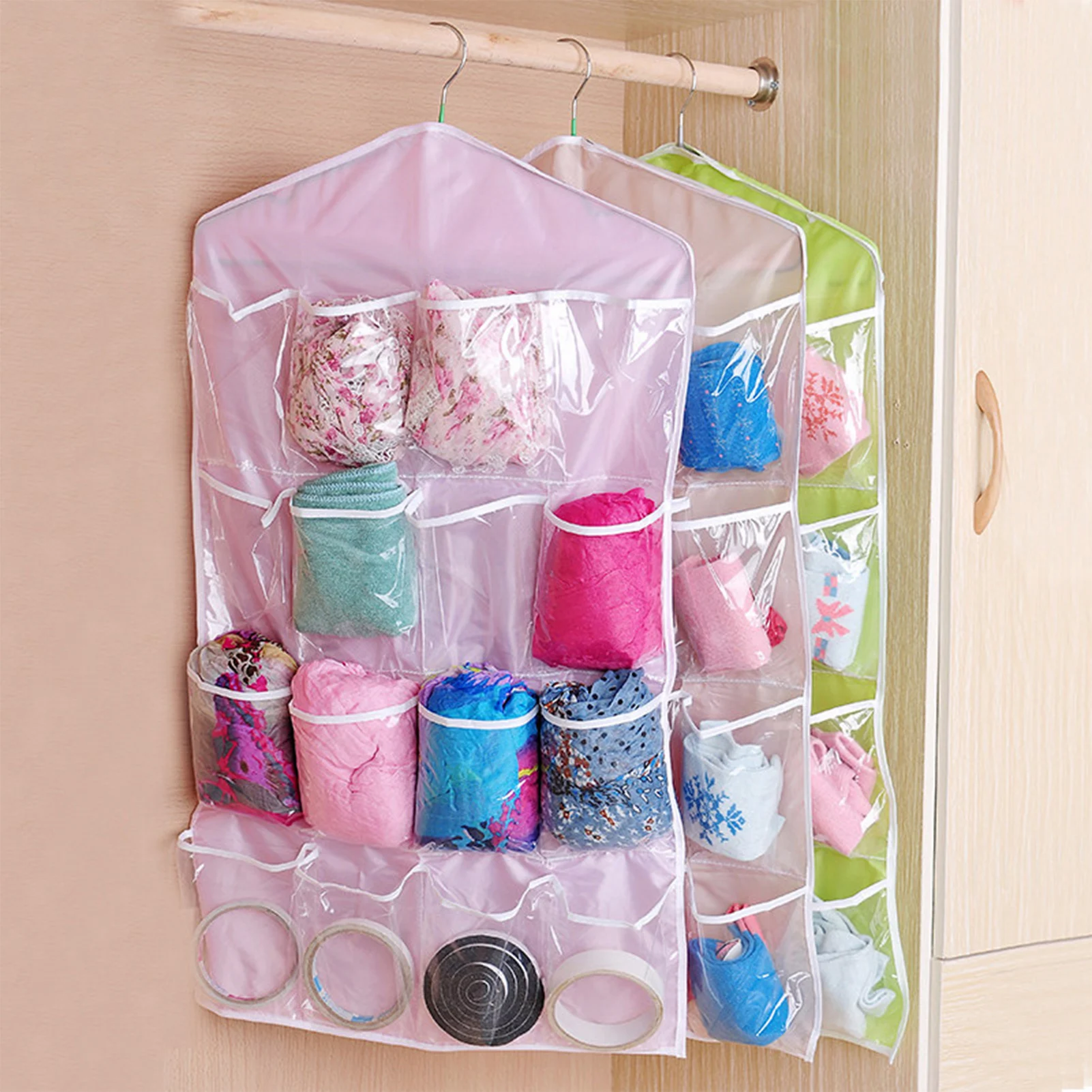 16 Grids Clear Hanging Clothes Storage Bag Transparent Laundry Closet Pocket Bag for Home Wardrobe Organizer Hanger Not Include