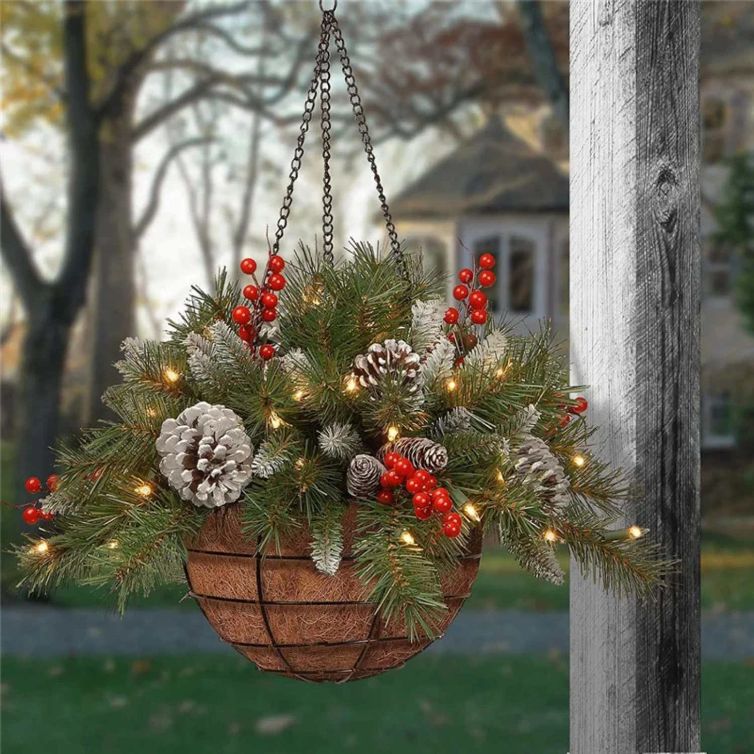 Artificial Christmas Hanging Basket Flocked with Mixed Decorations and White LED Lights Hanging Ornament Xmas Decor