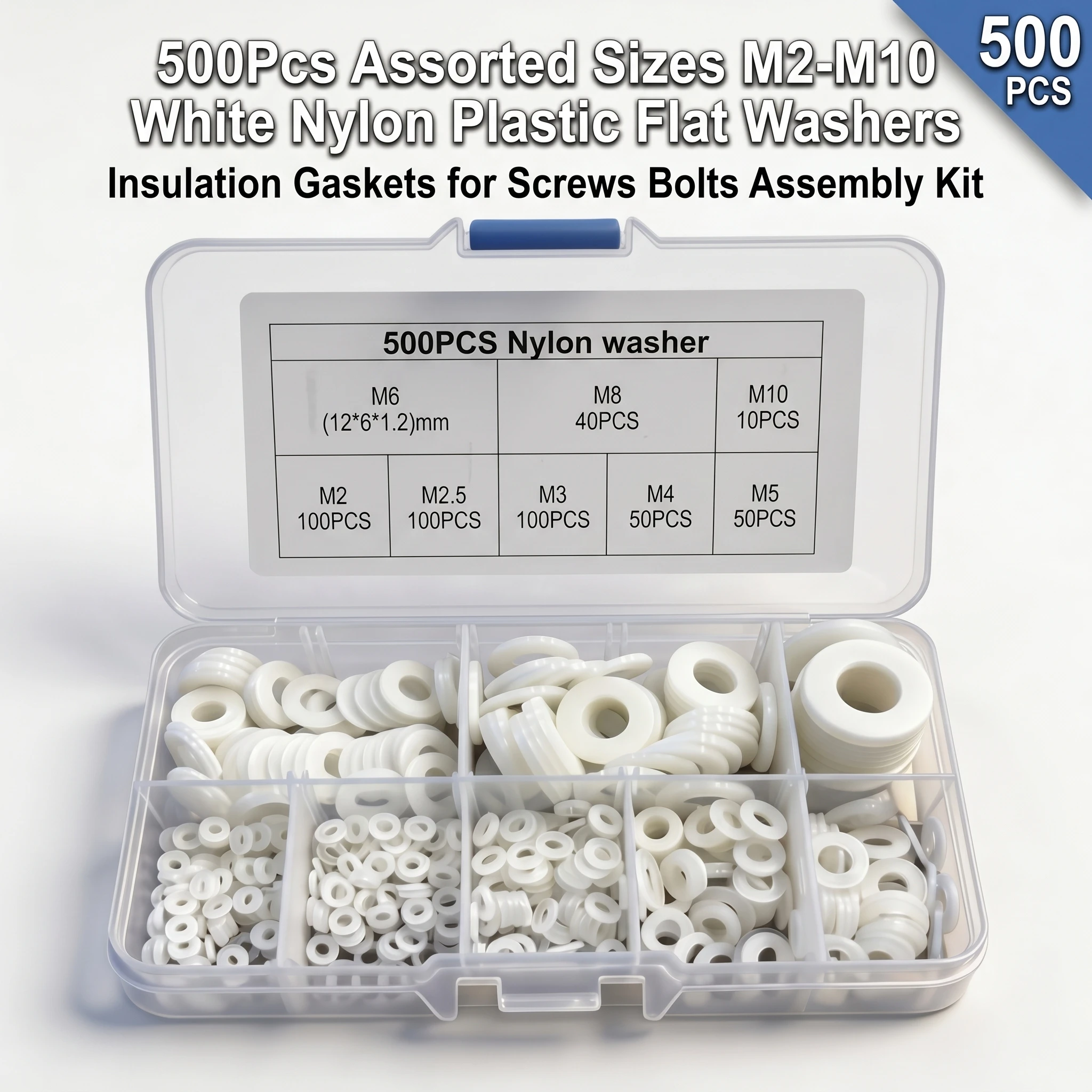 500Pcs Assorted Sizes M2-M10 White Nylon Plastic Flat Washers Insulation Gaskets for Screws And Bolts - Assembly Kit