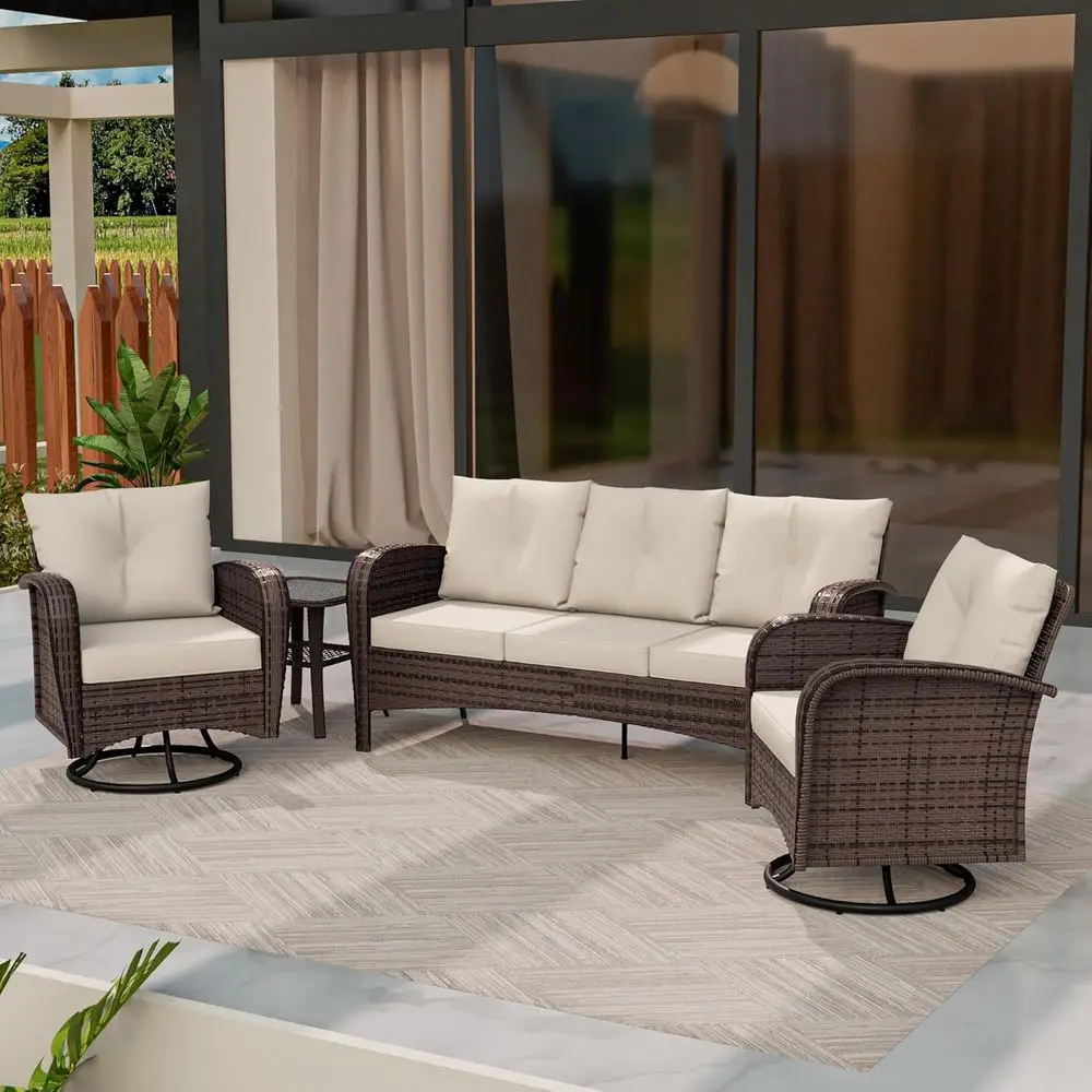 

4-Piece Outdoor Patio Set: 2 Swivel Chairs, Coffee Table, 3-Seater Sofa, PE Wicker & Steel, Weatherproof Cushions, Beige