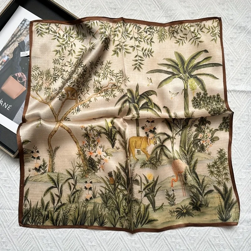 68 ซม.พืชธรรมชาติที่มีสีสันพิมพ์ผ้าพันคอสแควร์ผู้หญิงจําลองผ้าไหมพิมพ์ผ้าพันคอคุณภาพสูง Shawl Headscarf