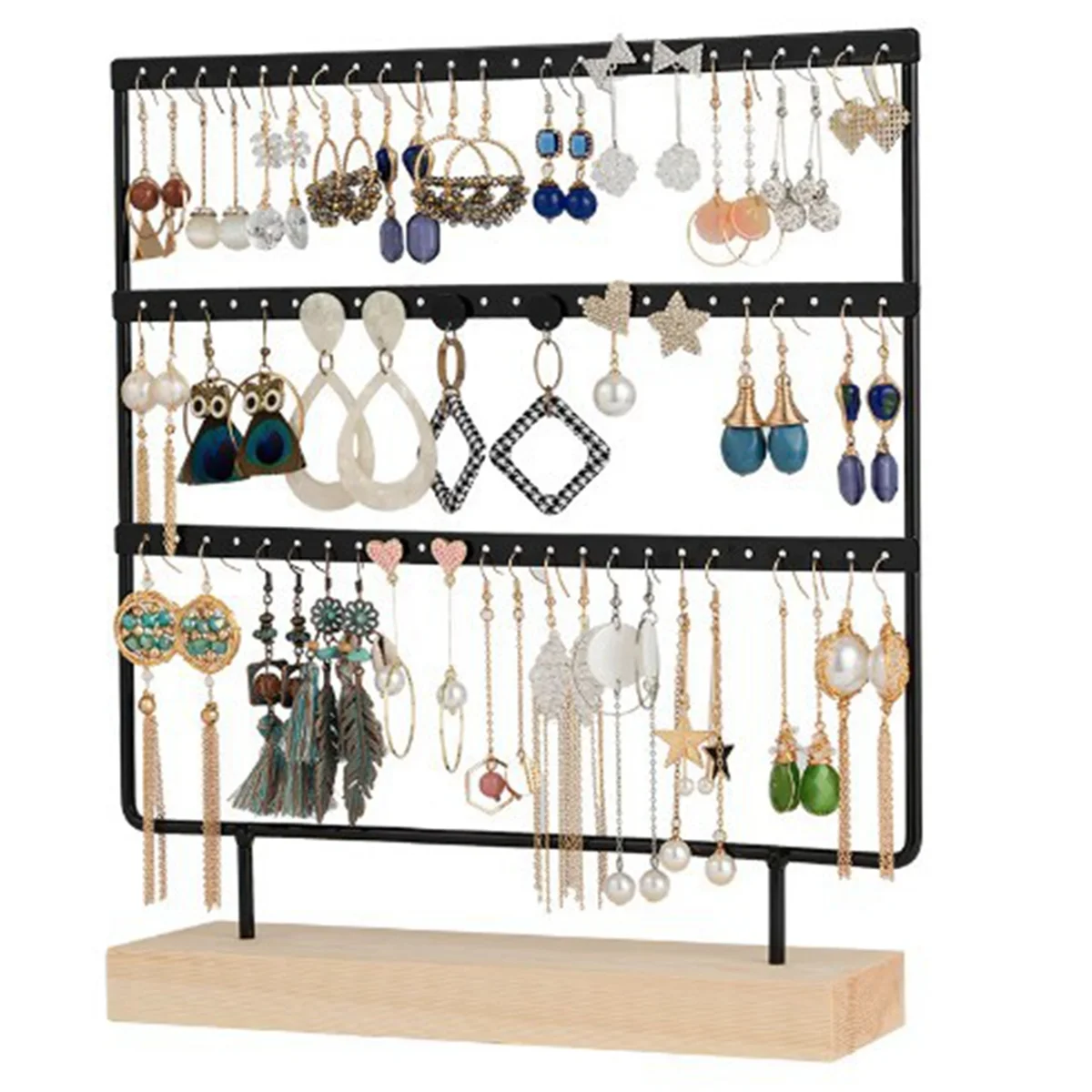 Black 3-Layers 72-Holes Earring Storage Rack Jewelry Display Stand Earrings Necklaces Rings Jewelry Stand